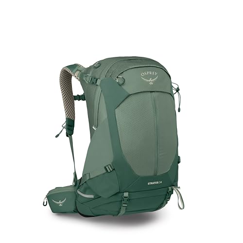 Osprey Stratos 34L Men's Hiking Backpack - Camping Bag with Waterproof Raincover, Bottle Pockets, & Gear Straps, Pine Leaf