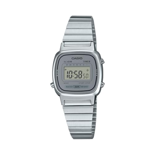 Casio Vintage LA670WA-7DF Women's Digital Watch 24mm Case, Silver Stainless Steel Bracelet, Stopwatch, Alarm, Countdown Timer, Retro Watch, Water Resistant