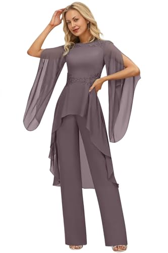 2 Pieces Chiffon Mother of The Bride Pant Suits for Women with Lace Appliques Long Prom Formal Jumpsuit Gowns