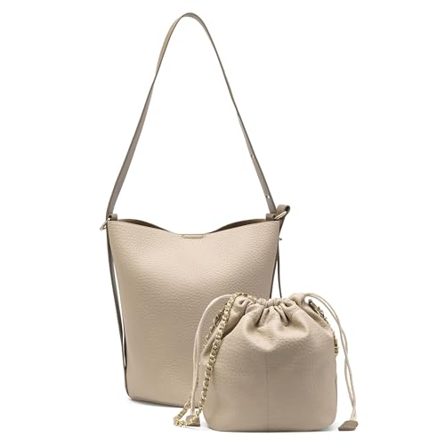 Image of Women's Top Handle Satchel Handbag, Elegant Tote Purse with Detachable Shoulder Strap for Crossbody Wear (Apricot Shoulder Bucket)