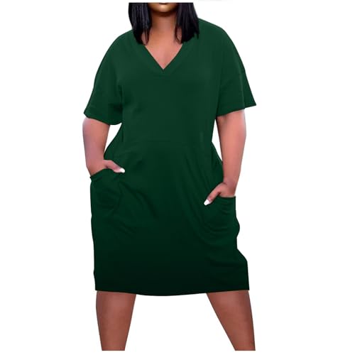 Kleider Für Mollige Frauen, Sommerkleid Damen Große Größe Tunika Kleid Knielang Tshirt Kleid Elegant Kurzarm Midi mit Taschen Blusenkleid V...