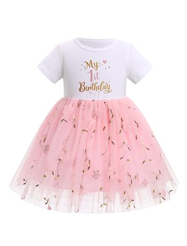 ODASDO Baby Girls First Birthday Outfit Cotton Short Sleeve Tulle Tutu Princess Dress with Bowknot Headband Set2