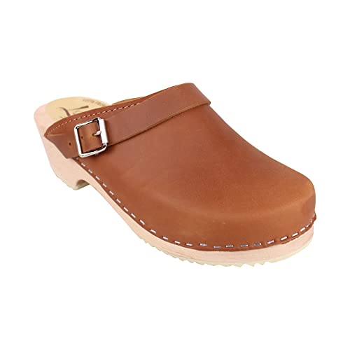 Lotta From Stockholm Swedish Classic Clog with Buckled Strap for Women | Low Heel Slip-on Stylish & Comfortable Shoes |Supportive Alder Wood Base and Oiled Nubuck Leather | Brown Size US 7 EUR 38