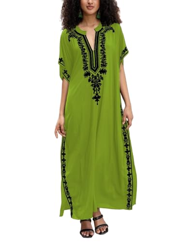 Image of KECVOT Kaftan Dresses for Women Embroidered Short Sleeve V-Neck Plus Size Caftan Bikini Swimsuit Cover-Up Long Beach Dress