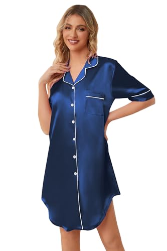 Image of Schbbbta Girls & Women Silk Nightgown, Short Sleeve Button Down Satin Nightshirt Pajama House Dress, 3 Years- Women 2XL