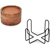 EDHAS Acacia Wood Drink Coasters Set Of 4 With Iron Holder - Natural Round Tabletop Protectors For Bars, Kitchen & Home