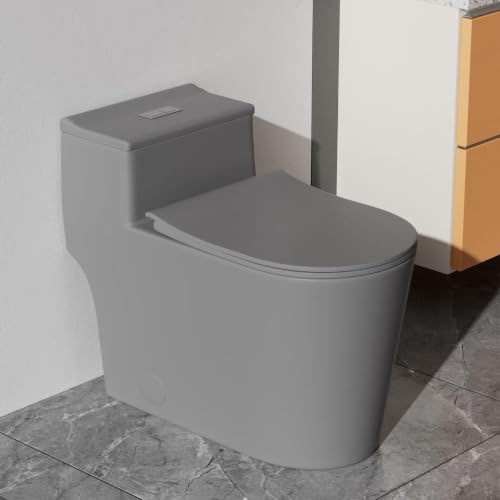 Inodoro monoblock gris alargado, altura cómoda, doble descarga | Asiento UF duradero, tapa con cierre suave silencioso, descarga eficiente, acabado cerámico gris para baños modernos miniatura 5