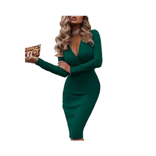 FRESQA Vestido Largo Elegante para Mujer, Negro, Talla M, Manga Larga, Cuello en V, Ajustado, Formal/Semi-formal, Primavera/Otoño