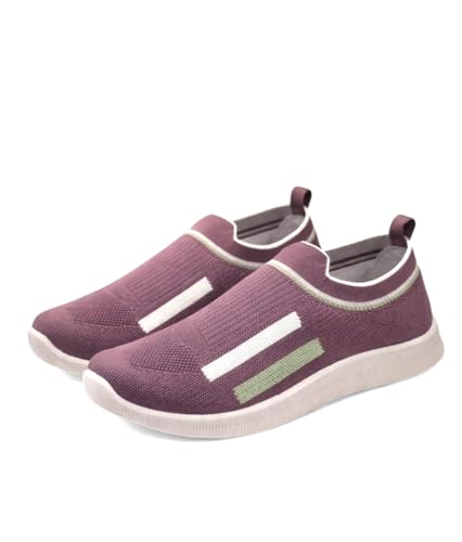 Image of Onion Casual Slip-On Sneakers, Purple Knit Mesh Walking Shoes with White Stripes