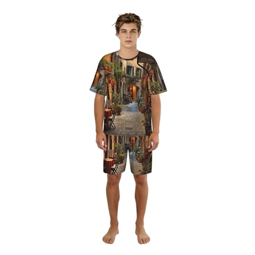 Pijama de dos piezas para hombre con estampado italiano de manga corta y pantalón con bolsillos