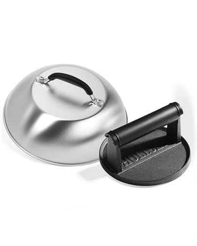HULISEN Cast Iron Burger Press and 9 Inch Stainless Steel Melting Dome Griddle Accessories Kit for Bacon Cheese Steak Burger Smasher Flat Top Cooking Indoor & Outdoor Use