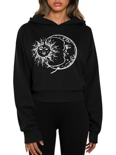 SOFIA'S CHOICE Women's Cute Graphic Hoodies Preppy Cropped Sweatshirt Oversized Pullover Black