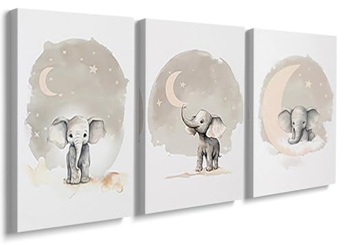Elephant Theme Canvas Wall Art Set of 3,Beige Elephant Nursery Prints,Gender Neutral Kids Wall Decor Picture Farmhouse Animal Wall Art Prints for Nursery Toddler Room 12