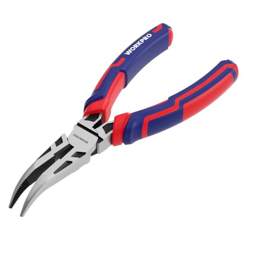 Image of WORKPRO Premium 8 inch Bent Needle Nose Pliers, Paper Clamp Precision, Heavy-Duty CRV Steel, Soft Grip with Wire Cutter, Long Nose Cutting Pliers