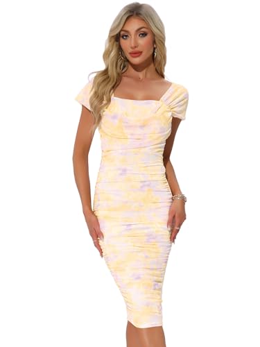 Image of Allegra K Midi Ruched Dress for Women's Cocktail Bodycon Square Neck Printed Dresses
