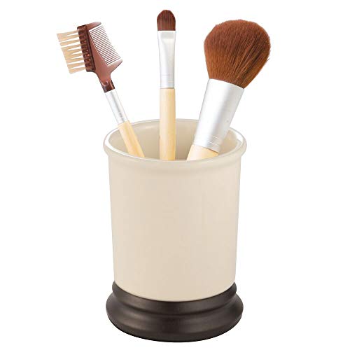mDesign Vintage Round Ceramic Tumbler Cup for Bathroom Vanity Countertops for Rinsing, Drinking, Storing Dental Accessories and Organizing Makeup Brushes, Eye Liners - Ivory/Bronze
