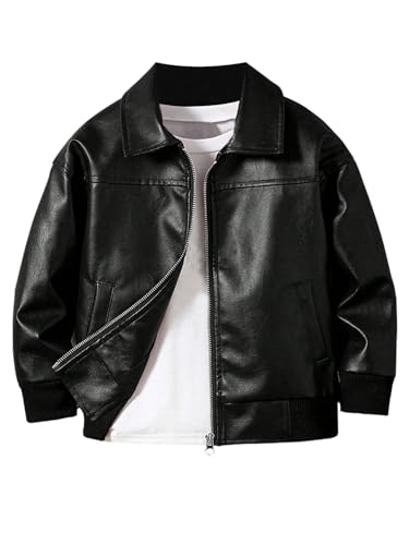 Boy's PU Leather Jacket Zip Up Long Sleeve Motorcycle Coat Outerwear with Pocket