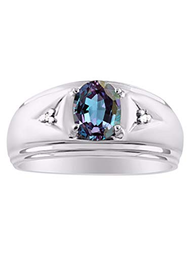 Image of Rylos Men's Rings Classic Design 8X6MM Oval Gemstone & Sparkling Diamond Ring - Color Stone Birthstone Rings for Men, Sterling Silver Rings in Sizes 8-13. Elevate Your Style with Timeless Elegance!