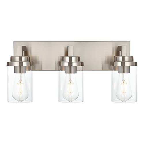 Image of MELUCEE 3-Light Vanity Lights Brushed Nickel with Clear Glass Shade, Modern Bathroom Light Fixtures Industrial Wall Light for Bedroom Kitchen Living Room