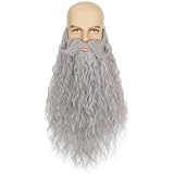 Yan Dream Mens Long Curly Grey Wizard Fake Beard with Upturned Mustache – Costume Facial Hair Set for Cosplay, Party, Halloween
