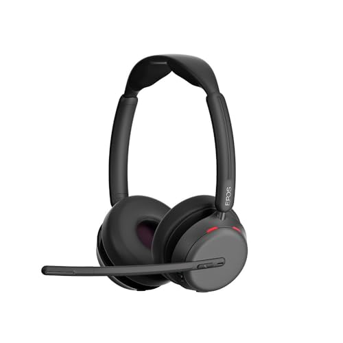 Image of EPOS IMPACT 1061T Professional Wiresless Bluetooth Headset - Dual-Sided, AI Voice Recognition, BrainAdapt Technology,Sound for High-Density Office Environments, Charging stand.