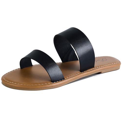 Putu Women's Two Strap Flat Sandals Casual Slide Sandals for Wide Feet