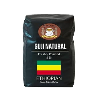 Revocup Ethiopian Guji Natural Coffee 5LB, Organic USDA Certified Naturally Processed Whole Bean Light/Medium Roast, Raspberry & Floral Notes, Specialty Grade, Brews 133+ Cups @ 9oz Gourmet Coffee