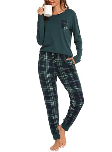 Sopesil Women Pyjama Sets Soft 2 Pieces Ladies Pyjamas Long Tops and Plaid Pants Pj's Set Loungewear with Drawstring Pockets B-Dark Green,M