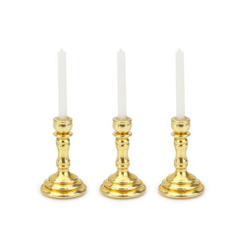Dollhouse Miniature Candlesticks 3 PCS Candle Holder Set 1/12 Scale Vintage Candles Doll House Desk Ornament Accessories with Metal Round Base for for Fairy Garden (Golden)