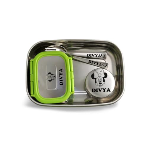 Image of ncgifts Personalized Lunch Box | Customized Tiffin Box | Personalized Stainless Steel Tiffin Box | Your Child's Name and Favourite Character Engraved | for Scholl Students and Gifting (Parrot Green)