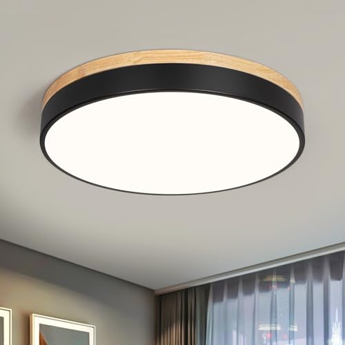 Image of Modern LED Wood Black Round Flush Mount Ceiling Light 15.74 Inch