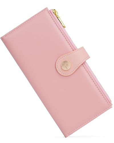 Image of Pink Women's Slim Wallet,Thin RFID Card Holder with Zipper Pocket | 12 Slot Wallet Organizer, Large Capacity, Vegan Leather, Coin Purse, Cash Compartment, Travel Wallet, Women Gift