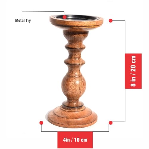 Image of Pure Source India Wooden Candle Holder for Pillar Candles, Natural Mango Wood Vintage Style 8 inch Tall Candle Stand for Fireplace Dining Table Centrepiece, Decorative Item for Home