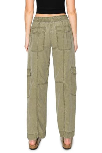 Cali1850 Women's Relaxed Fit Comfortable Mid Rise Washed Linen Straight Leg Cargo Pants with Elastic Band3