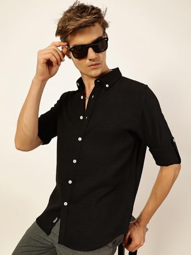 Image of Thomas Scott Men's | Solid | Textured Fabric | Full Sleeve | Slim Fit | Polyester-Blend | Spread Collar | Casual Shirt