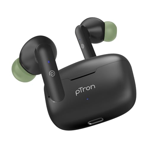 Image of pTron Basspods P81 In-Ear Wireless Earbuds, Pristine Sound, 32Hrs Playtime, Clear Calls TWS Earbuds, Bluetooth V5.1 Headphone, Type-C Fast Charging, Voice Assist & IPX4 Water Resistant (Black & Green)