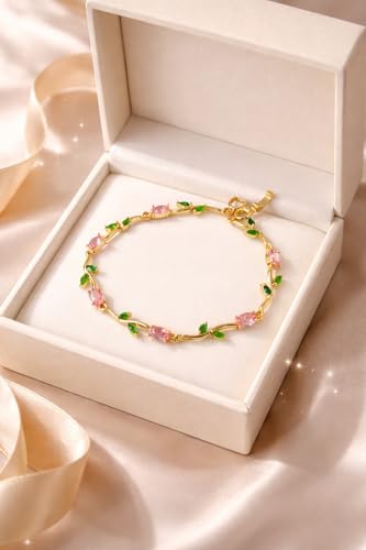 Image of H&K Jewels Tulip Bracelet with Pink Oval Crystals and Green Leaf Accents, Elegant Women's Jewellery|Anti-Tarnish|Vine Korean Design|Gift for GF and Wife