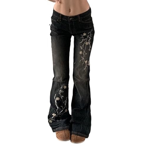 Y2k Grunge Emo Low Rise Flare Jeans Vintage Denim Pants Teen Girls 2000s Clothing Streetwear