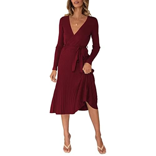 Pink Queen Women's Wrap Sweater Dress V Neck Long Sleeve Ribbed Swing Knit Midi Dresses with Belt Small Black