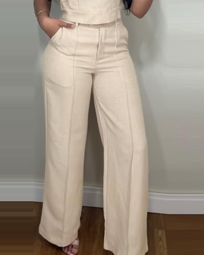 CHICME Women's Summer 2 Piece Outfits Cap Sleeve Round Neck Tank Crop Top Wide Leg Pants Set with Pockets3