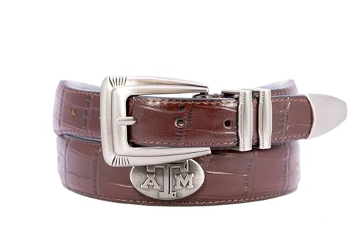 ZEP-PRO NCAA Texas A&M Aggies Men's Croc Leather Belt – Embossed Full Grain Brown Strap With Emblem Conchos – 1.25
