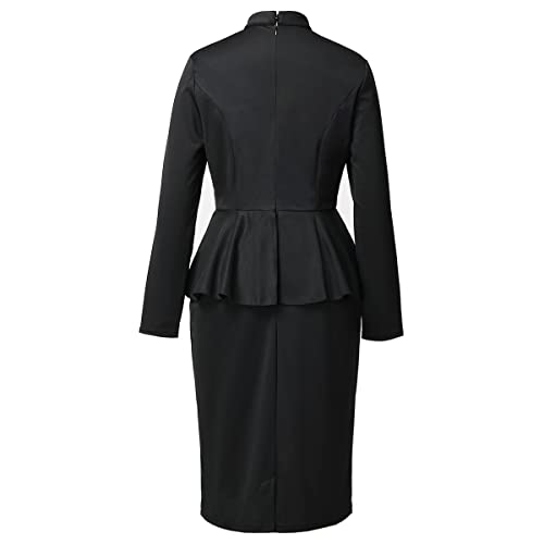 Image of FAD-4U Church Clergy Dress for Women Minister Long Sleeve Ruffle Slim Pencil Dress with Tab Insert Stand Collar