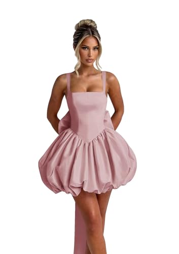 Satin Homecoming Dresses Short with Bow 2025 Spaghetti Straps Ruched A-Line Corset Puffy Graduation Dress