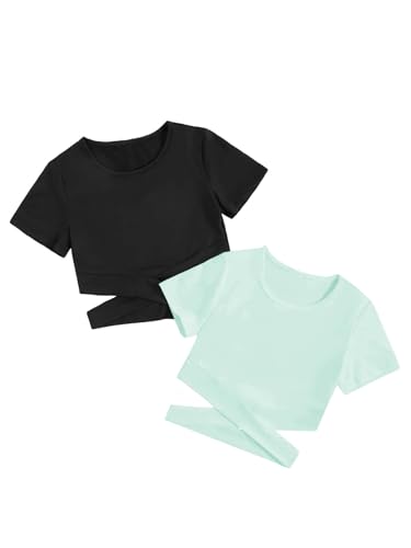 Image of Milumia Girl's 2 Piece Cut Out Crisscross Crop Tops Short Sleeve Tee Shirts | Dance Tops, Casual Top, Round Neck, Campus Outfit, Summer Top, T Shirts