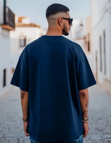 Image of Oversized Drop Shoulder Half Sleeves Round Neck Solid Pure 100% Cotton T-Shirt for Men Pack of 2