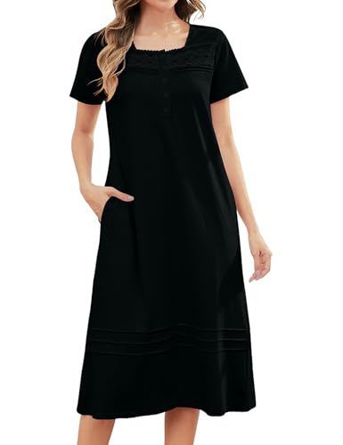 100% Cotton Nightgowns for Women Soft Button Pleated House Dress Long Moomoo Nightgown with Pockets