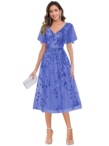 Tea Length Sequin Mother of The Bride Dresses for Women 2025 Short Sleeves A-Line Formal Evening Dress