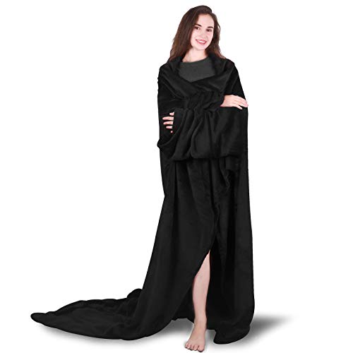 BACKTURE Mantas para Sofa, 180x200cm Batamanta de Coralina Fibra Polar de Microfibra de Franela con Mangas y Bolsillo, Manta Extra Suave Cálido para TV Sala de Estar Cama, 1.4kg, Negro