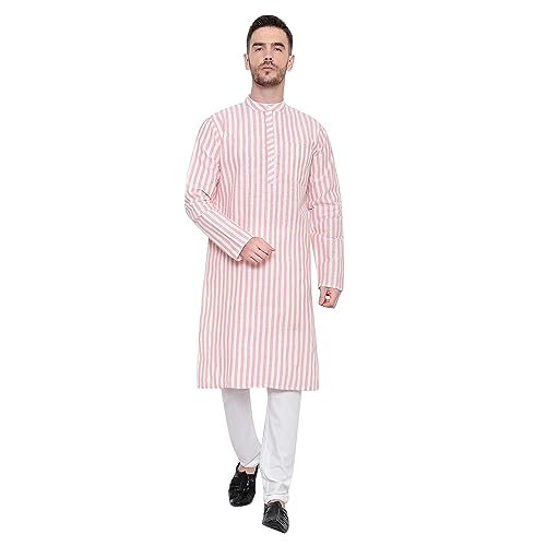 Image of LATEST CHIKAN Broad Striped Cotton Men's Long Kurtas