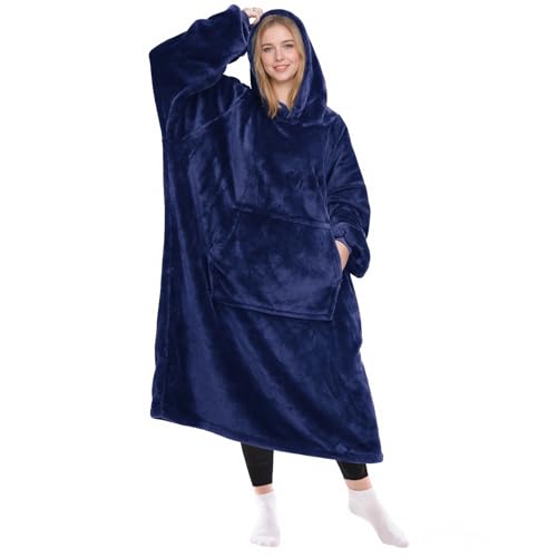 KPBLIS Wearable Blanket Hoodie Gifts for Women Men, Cozy Hoodie Blankets Sweatshirt Birthday Gifts for Women Mom Wife, Warm Fleece Hooded Blanket with Sleeves for Adults, Navy